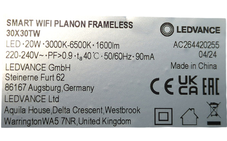 Panel LED WiFi Ledvance PLANON FRAMELESS TW 20W 1600lm 3000–6500K
