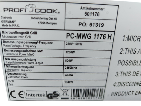 Kuchenka mikrofalowa ProfiCook PC-MWG 1176 H 800W 1300W 23l