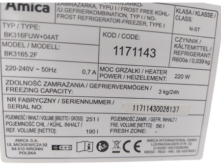 Lodówka do zabudowy AMICA BK3165.2F 177,6 cm 182/56 L No Frost A+