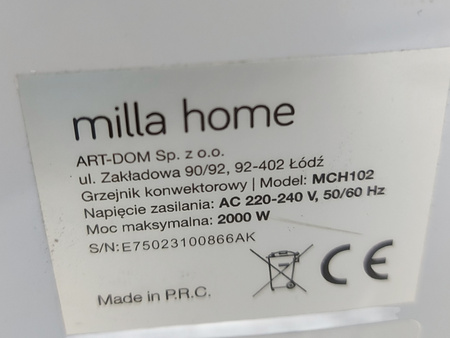 Grzejnik elektryczny konwektorowy MILLA HOME MCH102 2000W Biały