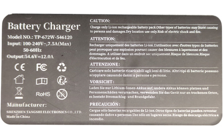 Ładowarka 54.6V 12A do aku Li-ion/LiPo 48V GX16 3-pin regulowana smart