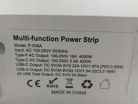 Listwa zasilajaca P-558A PD3.0 20W QC3.0 18W AC16A 4000W