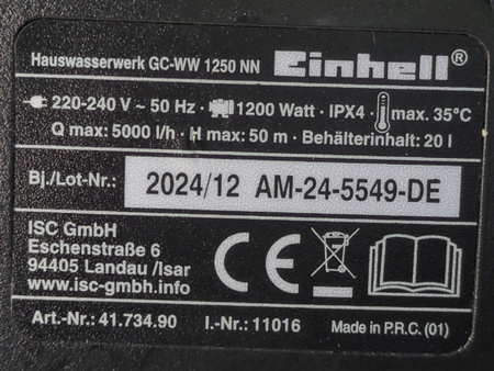 HYDROFOR Einhell 4173490 Pompa do wody GC-WW 1250 NN 230 V 5000 l/h 20L