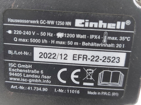 Pompa hydroforowa Einhell GC-WW 1250 NN 1200 W 5000 l/h 20 l INOX