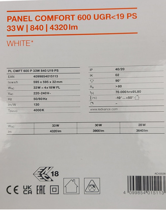 Panel LED Oprawa Biurowa Sufitowa Kaseton 33W 4320lm 60x60cm UGR19 Ledvance