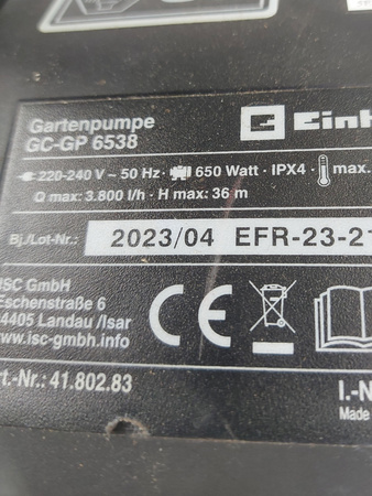 Pompa ogrodowa Einhell GC-GP 6538 650W 3800l/h 3,6bar