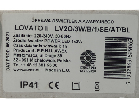 OPRAWA OŚWIETLENIOWA AWARYJNEGO LOVATO II LV20/3W/B/1/SE/AT/BL 1X3W