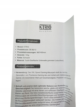 Podkładka pod mysz KTRIO 90 x 40 cm czarna