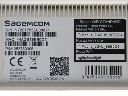 Router Sagecom CS 50001 2.4 GHz standard 802.11n, 5 GHz standard 802.11ac