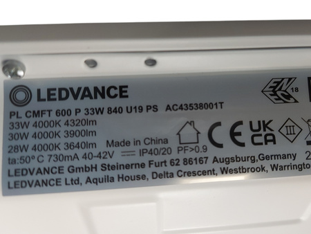 Panel LED Oprawa Biurowa Sufitowa Kaseton 33W 4320lm 60x60cm UGR19 Ledvance