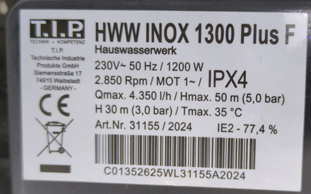 POMPA WODY HYDROFOR T.I.P HWW INOX 1300 PLUS F  4,350I/H 5 BAR