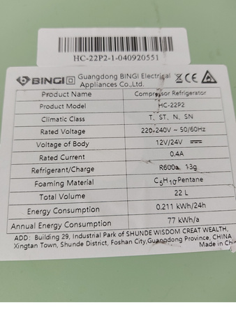 Przenośna elektryczna lodówka 22 L 12V/24V BINGI HC-22P2 Zielona