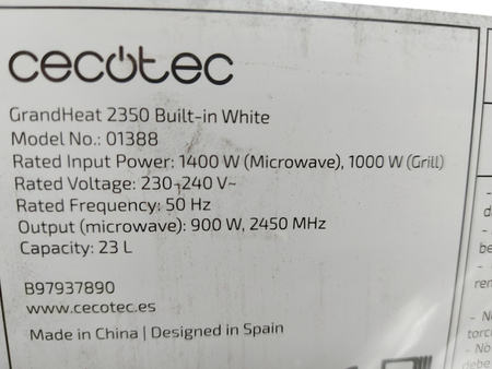 Kuchenka mikrofalowa do zabudowy Cecotec Grandheat 2350 Built-In Biały 23L