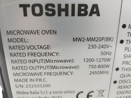 Kuchenka mikrofalowa Toshiba MW2-MM2OP(BK) 20 l 800 W czarna