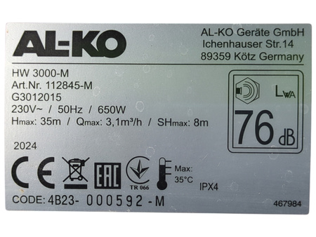 POMPA WODY HYDROFOR AL-KO HW 3000 CLASIC 650W 3100 l/h