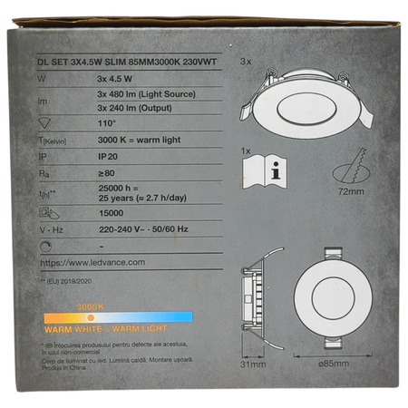 Zestaw 3x Oprawa downlight Ledvance Slim 4.5W 3000K 85mm IP20