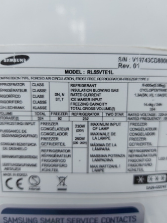 Lodówka wolnostojąca SAMSUNG RL55VTE1L Pełny No frost 200cm Biała A+