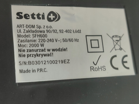 Grzejnik ceramiczny SETTI+ SFH600 Sterowanie smartfonem 2000 W Biały