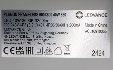 Panel LED LEDVANCE PLANON Frameless 600x600mm 40W 3300lm 830