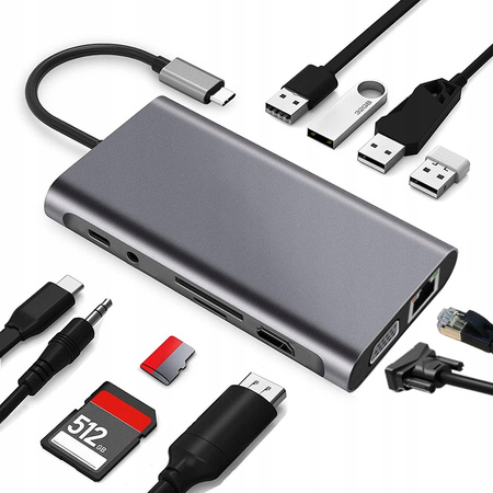 HUB USB-C 11w1 Adapter HDMI 4K VGA Jack SD RJ45 M1