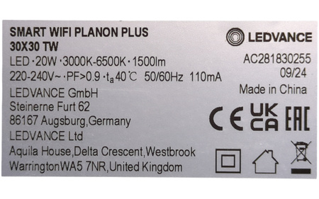 Panel LED Ledvance SMART+ WiFi PLANON PLUS 20W 30x30 cm CCT