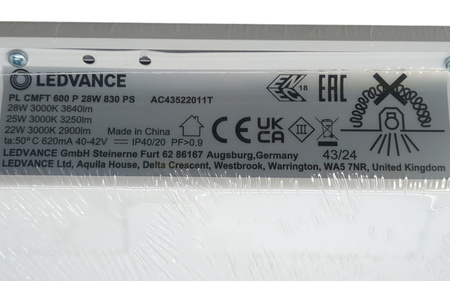 Panel LED Ledvance Comfort 60x60cm 28W 3640lm 3000K IP40