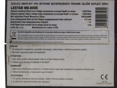 Zasilacz awaryjny UPS Lestar MD-800E 480W 800VA