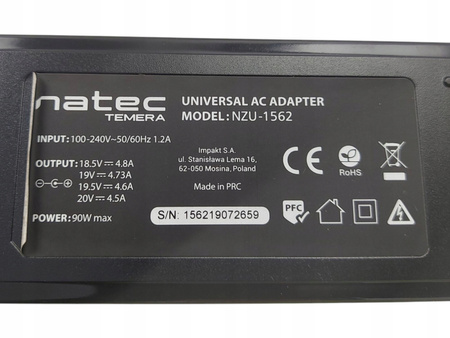 Zasilacz uniwersalny Natec TEMERA NZU-1562 90W 20V 8 końcówek LED