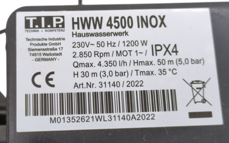 POMPA WODY TIP HWW 4500 INOX 1200W 4350l/h 50m/5,0 bar 22l