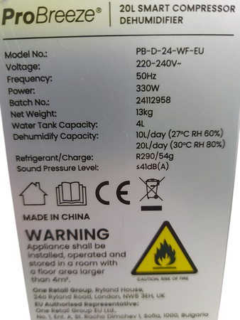 Osuszacz powietrza ProBreeze PB-D-24-WF-EU 12 l/24h, 200 W, biały