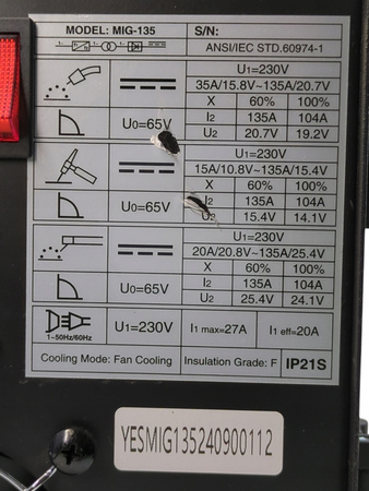 Spawarka MIG YESWELDER MIG-135 135A 110V 3w1 Gasless FluxCore