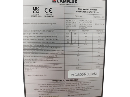 Gazowy podgrzewacz do wody CAMPLUX BD264-DE 10 L biały