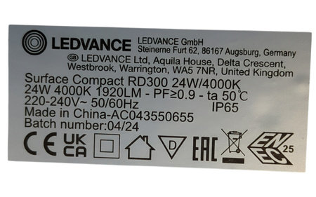 Oprawa LED natynkowa LEDVANCE RD300 24W 4000K IP65 IK10 1920lm biała