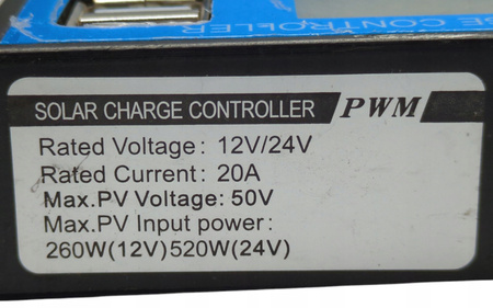 Sterownik ładowania słonecznego PWM 12/24V 20A PV do 50V