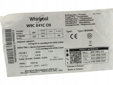 KOMPLET SZUFLAD DO LODÓWKI WHIRLPOOL ART 9811 SF2