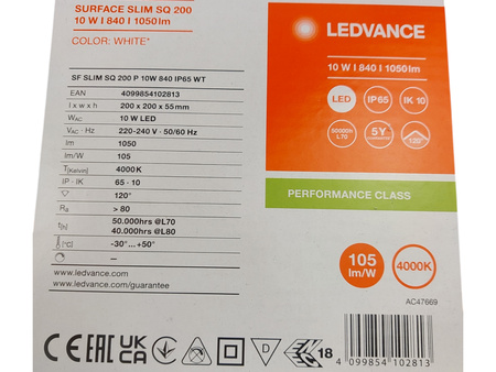 Lampa LED Plafon Surface Slim SQ 200 10W 840 1050lm IP65 4000K Ledvance