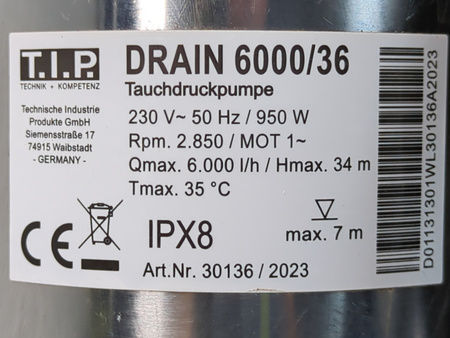Pompa Zanurzeniowa Ciśnieniowa TIP Drain 6000/36 950W 6000 l/h 34m