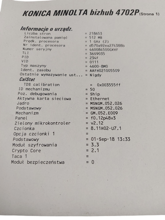 Drukarka laserowa Konica Minolta Bizhub 4702P Przebieg 218653 strony
