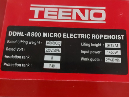 Elektryczna wciągarka linowa TEENO DDHL-A800 400/800 kg 1450W